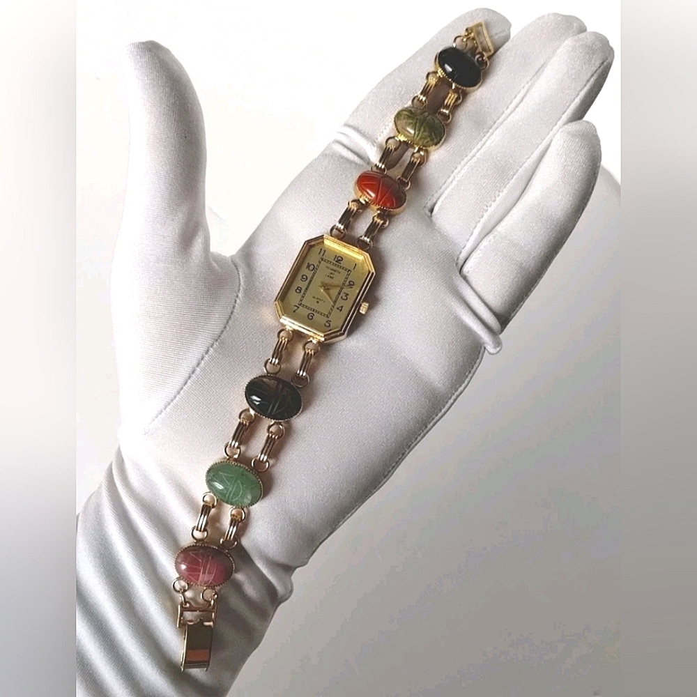 Vintage Kenneth Jay Lane KJL Ladies Egyptian Scarab Watch RUNS WORKING Bracelet